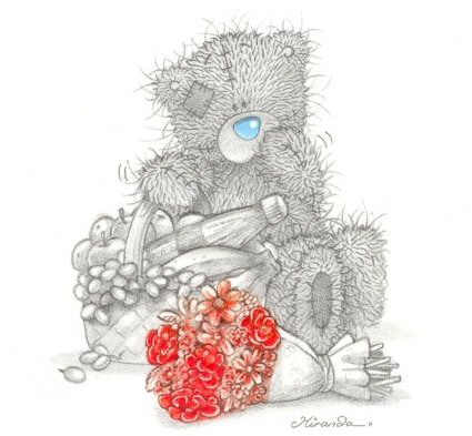 Мишка Тедди с корзиной продуктов и букетом цветов