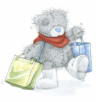 Мишка Тедди с пакетами покупок в валенках